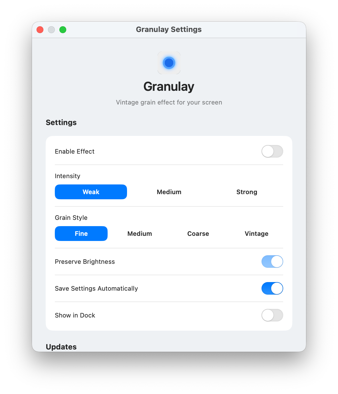 Interface de configurações do Granulay